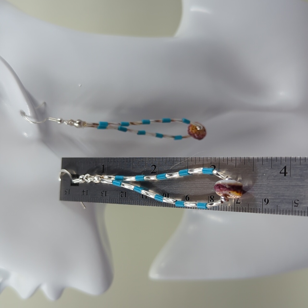 Handmade silver, turquoise spiny oyster dangle earrings - Picture 2 of 4